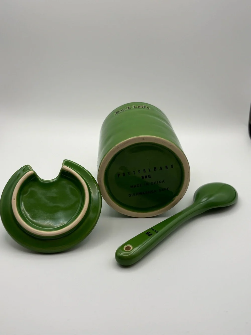 Pottery Barn Green Relish Condiment Jar with Spoon & Lid from BBQ Set